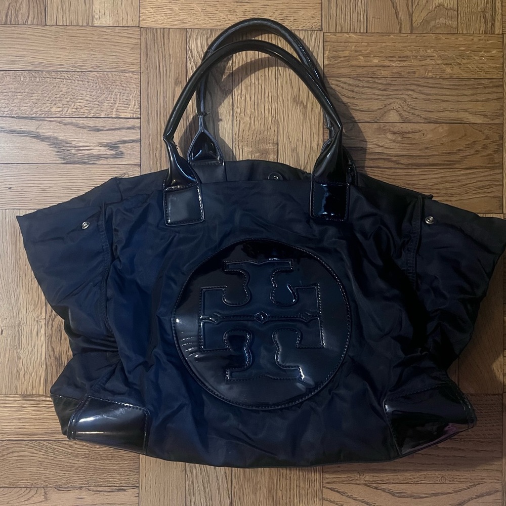 Tory Burch Black Nylon Tote with Glossy Accents